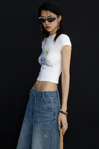 Retro Black Floral Crop T-Shirt