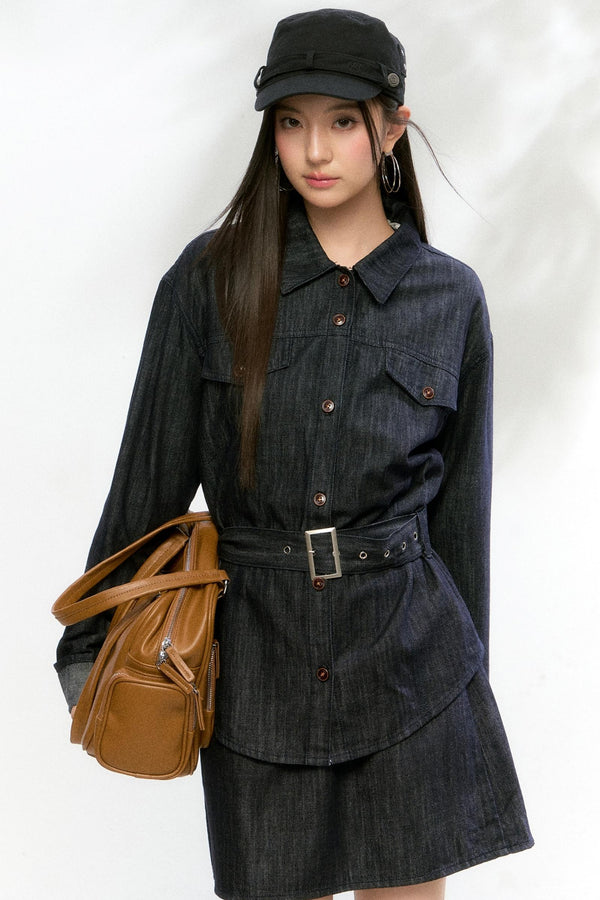 Washed Denim Shirt Skirt Set-Up