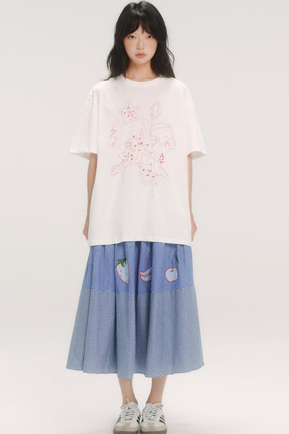 Blue Check Elastic Waist Skirt