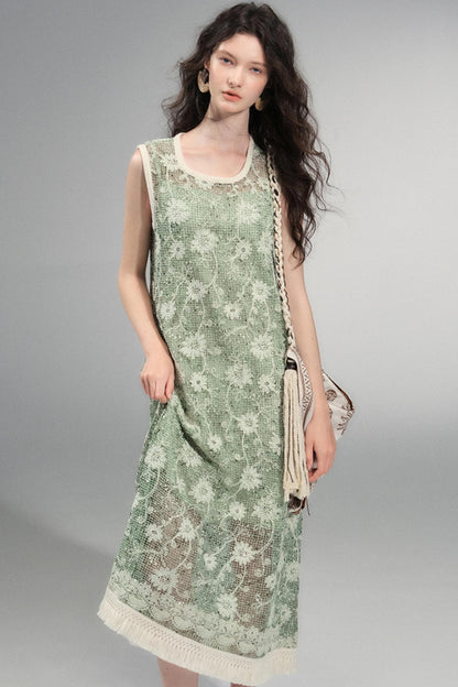 Moss Sequin Embroidery Tassel Dress