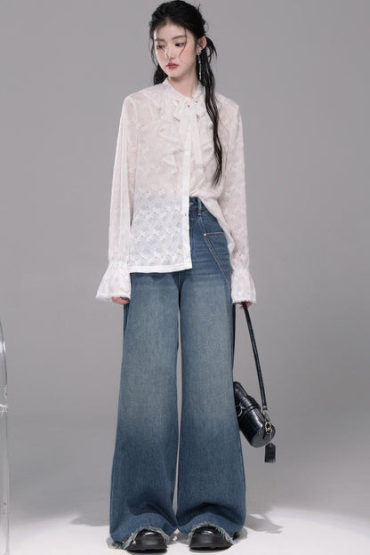 White Cloud Gauze Ruffled Shirt Set-Up