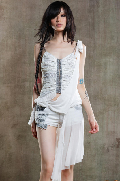 Necklace Accessory Multi-Ruched Lace Halter Top Set