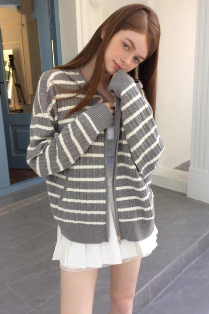 Vintage Gray Striped Hoodie Cardigan