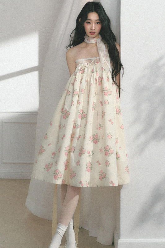 Rose Print Silk Scarf High-Waisted Chic Dress