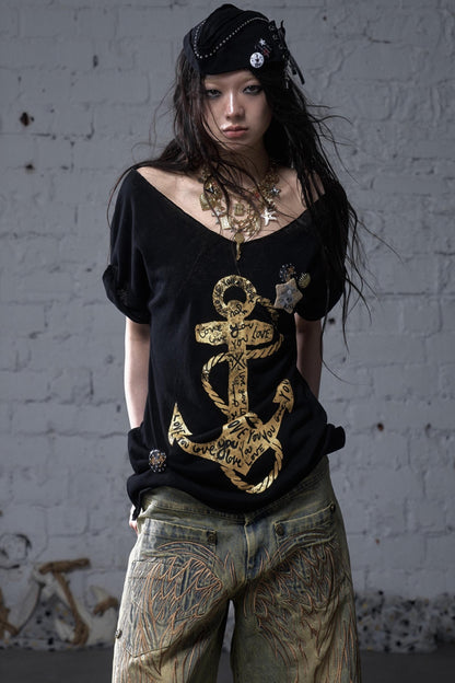 Sailor Style Printed Loose T-Shirt