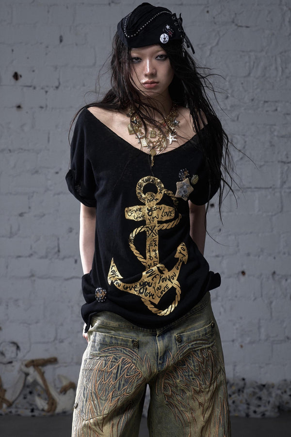 Sailor Style Printed Loose T-Shirt