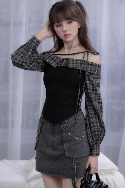 Fighting Spirit Plaid One-Shoulder Shirt