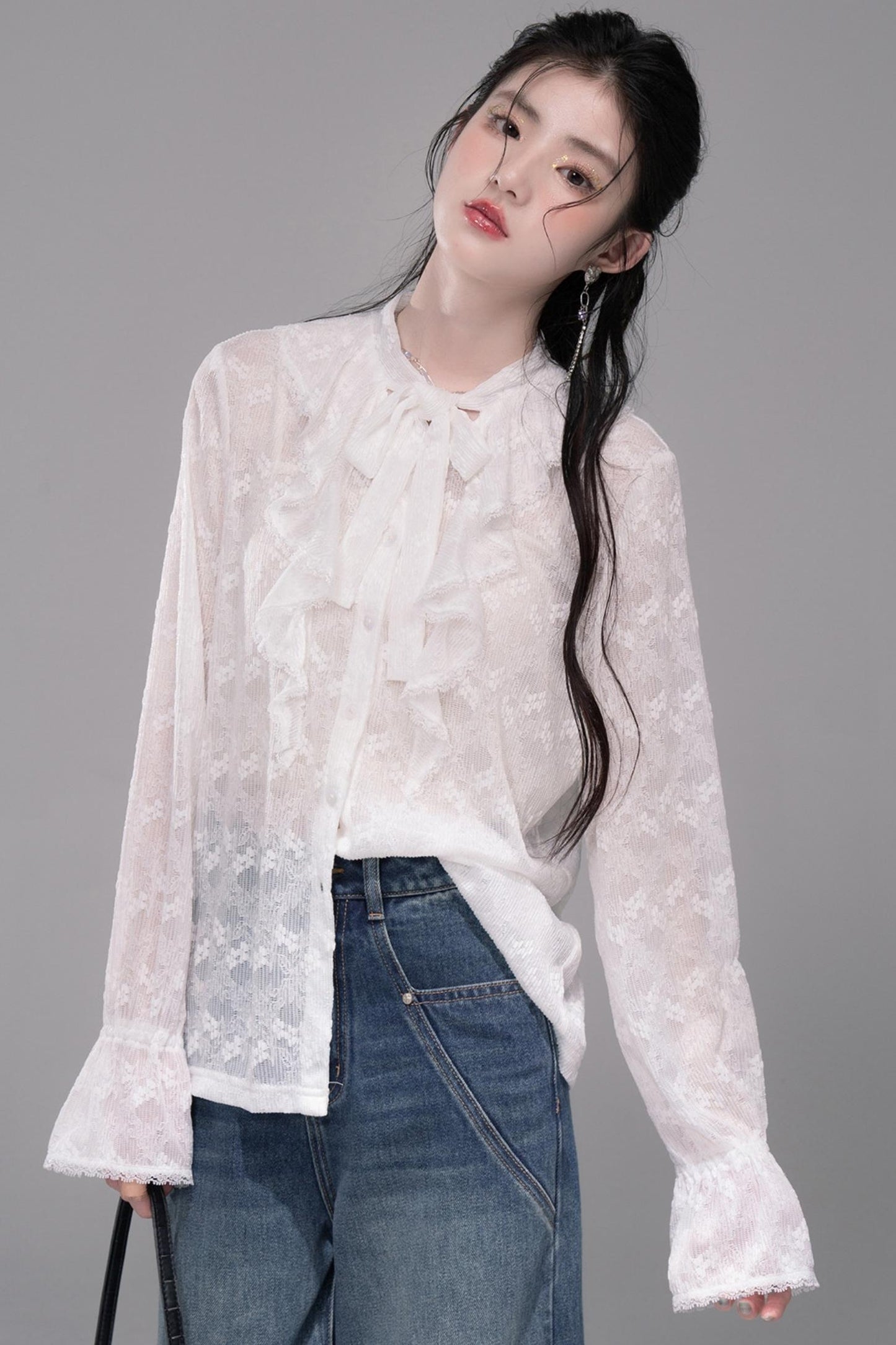White Cloud Gauze Ruffled Shirt Set-Up