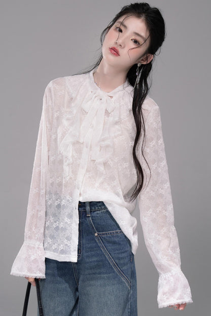 White Cloud Gauze Ruffled Shirt Set-Up