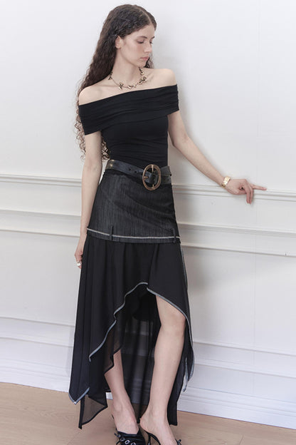 Yuan Irregular Denim A-Line Skirt