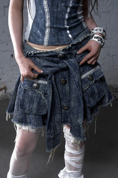 Punk Washed Denim Shirt Skirt