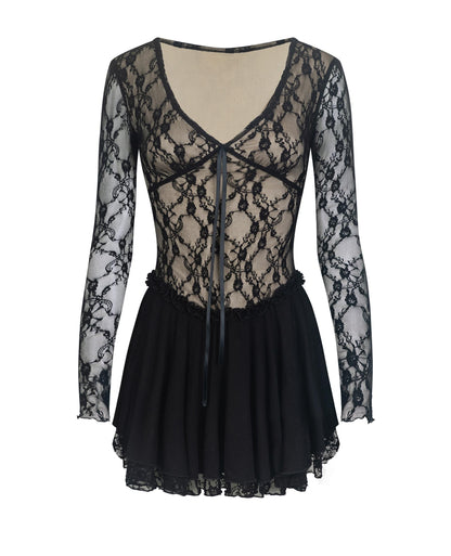 New slim V-neck pure desire black lace dress