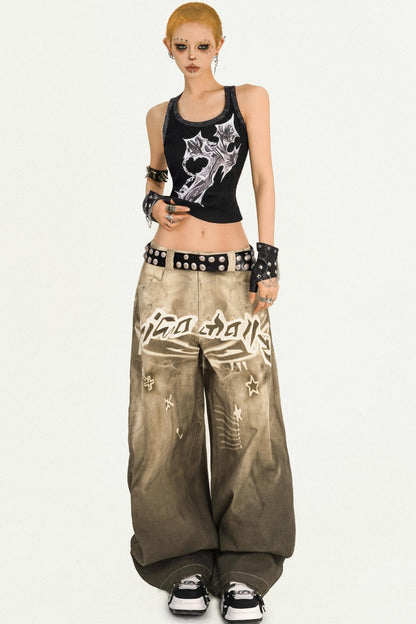 Vintage Street Print Wide-Leg Jeans