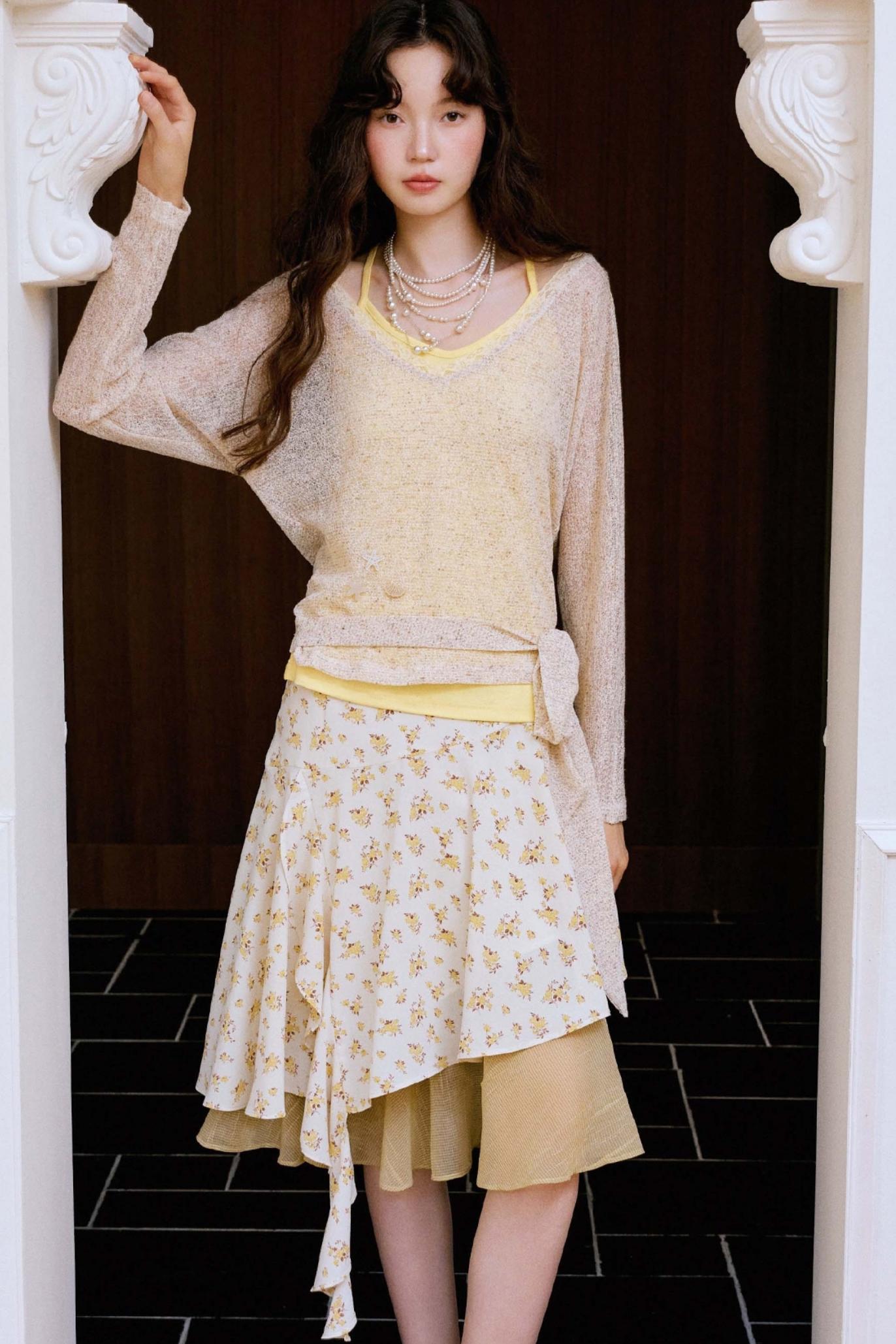 Original Brown Yellow Layered Blouse Skirt Set-Up