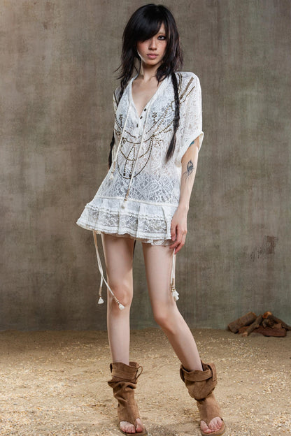 Earthy Orange Belt With Retro Lace Shirt Set-Up