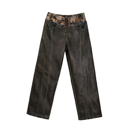 Washed Leather Panel Straight Pants