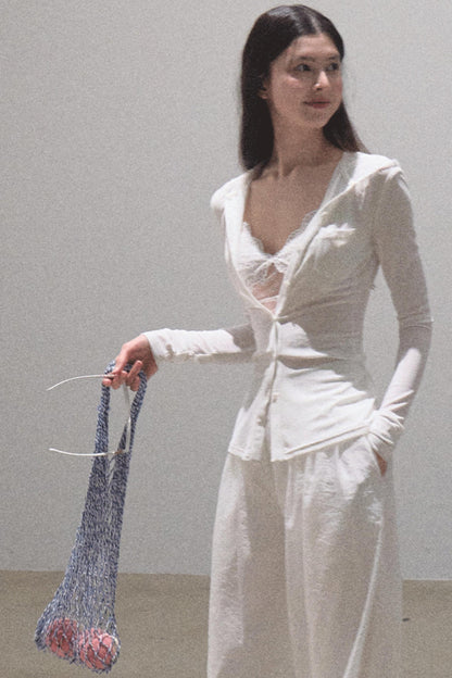 Snowflake Knit Hoodie & Patchwork Shorts Set-Up