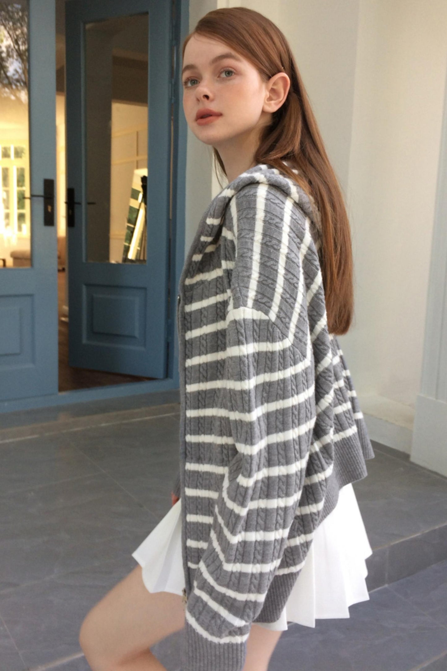 Vintage Gray Striped Hoodie Cardigan