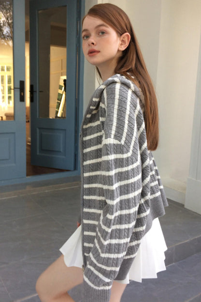 Vintage Gray Striped Hoodie Cardigan