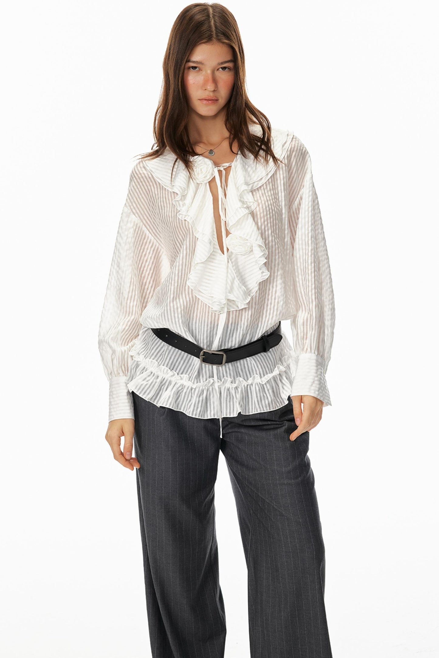 Ruffled V-Neck Striped Top