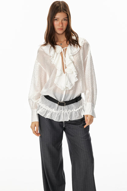 Ruffled V-Neck Striped Top