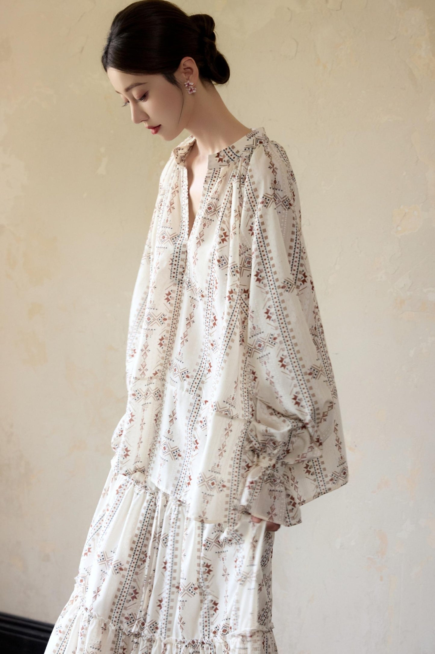 Romantic Ethnic Printed V-Neck Pullover Shirt