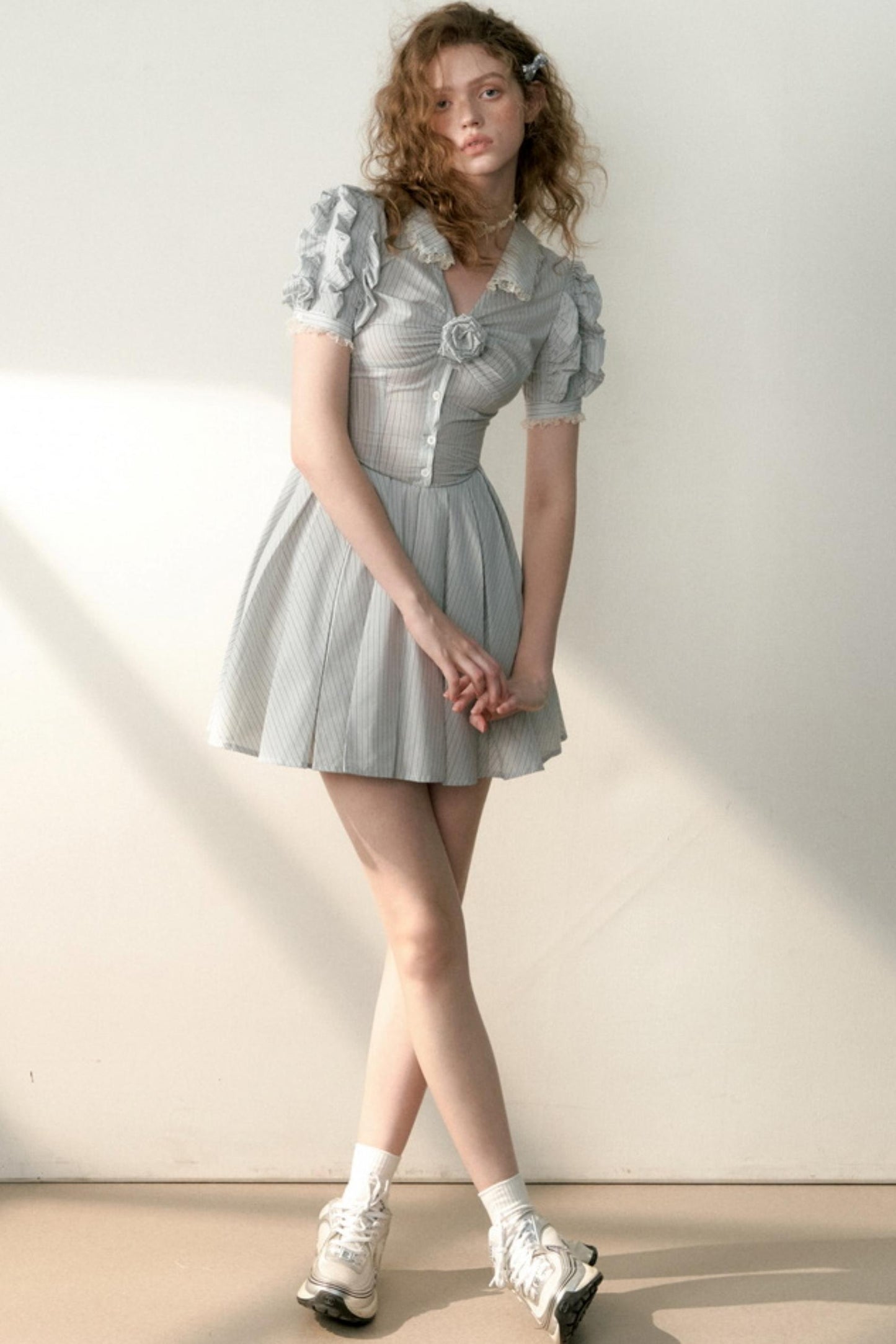 Blue Striped Bubble Sleeve Floral Pleated Dress