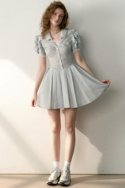 Blue Striped Bubble Sleeve Floral Pleated Dress