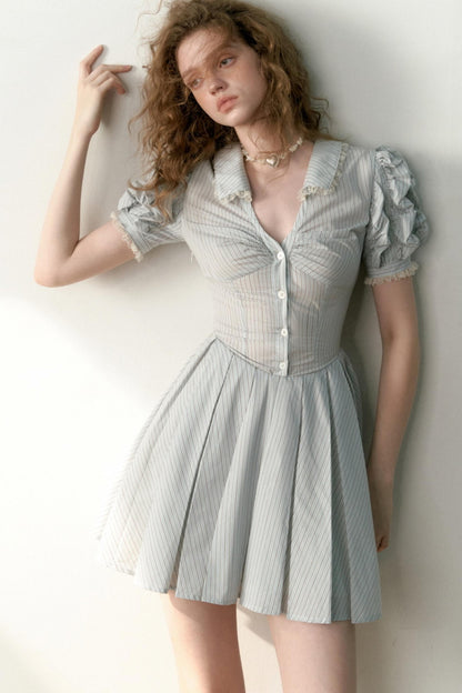 Blue Striped Bubble Sleeve Floral Pleated Dress