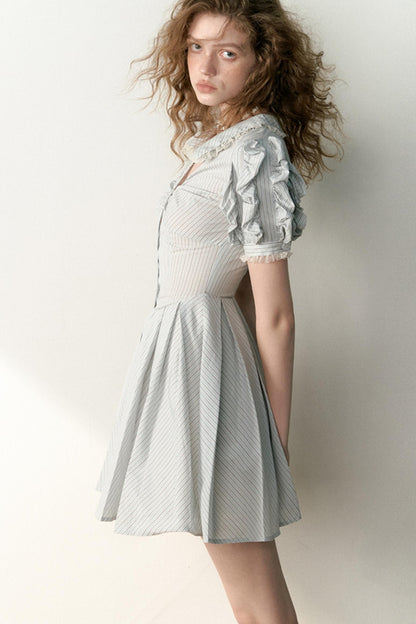 Blue Striped Bubble Sleeve Floral Pleated Dress