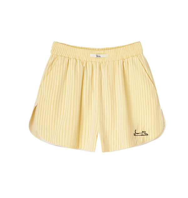 Yellow Striped Cat Embroidery Shorts Set-Up