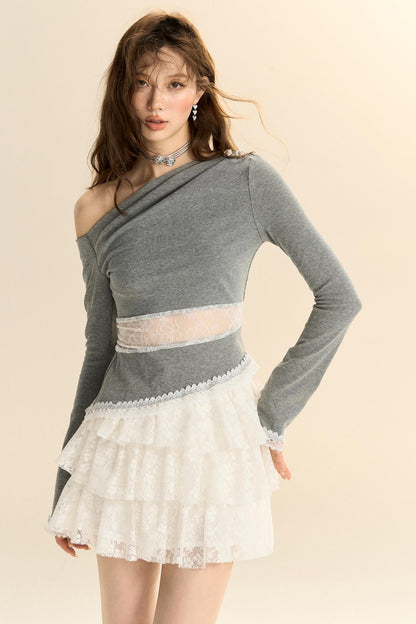 Lace-Trimmed Pleated Knit Top