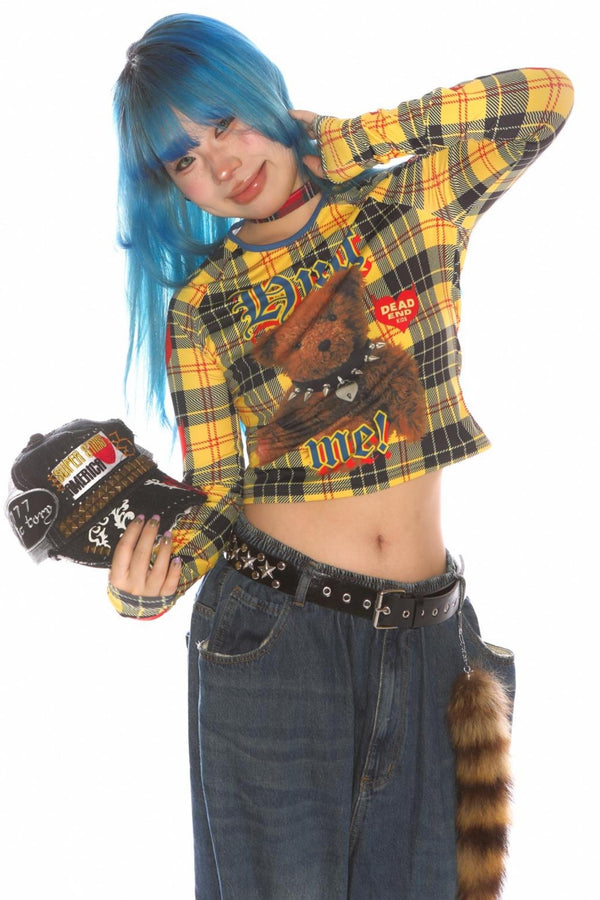 Plaid Bear Print Slim Fit Top