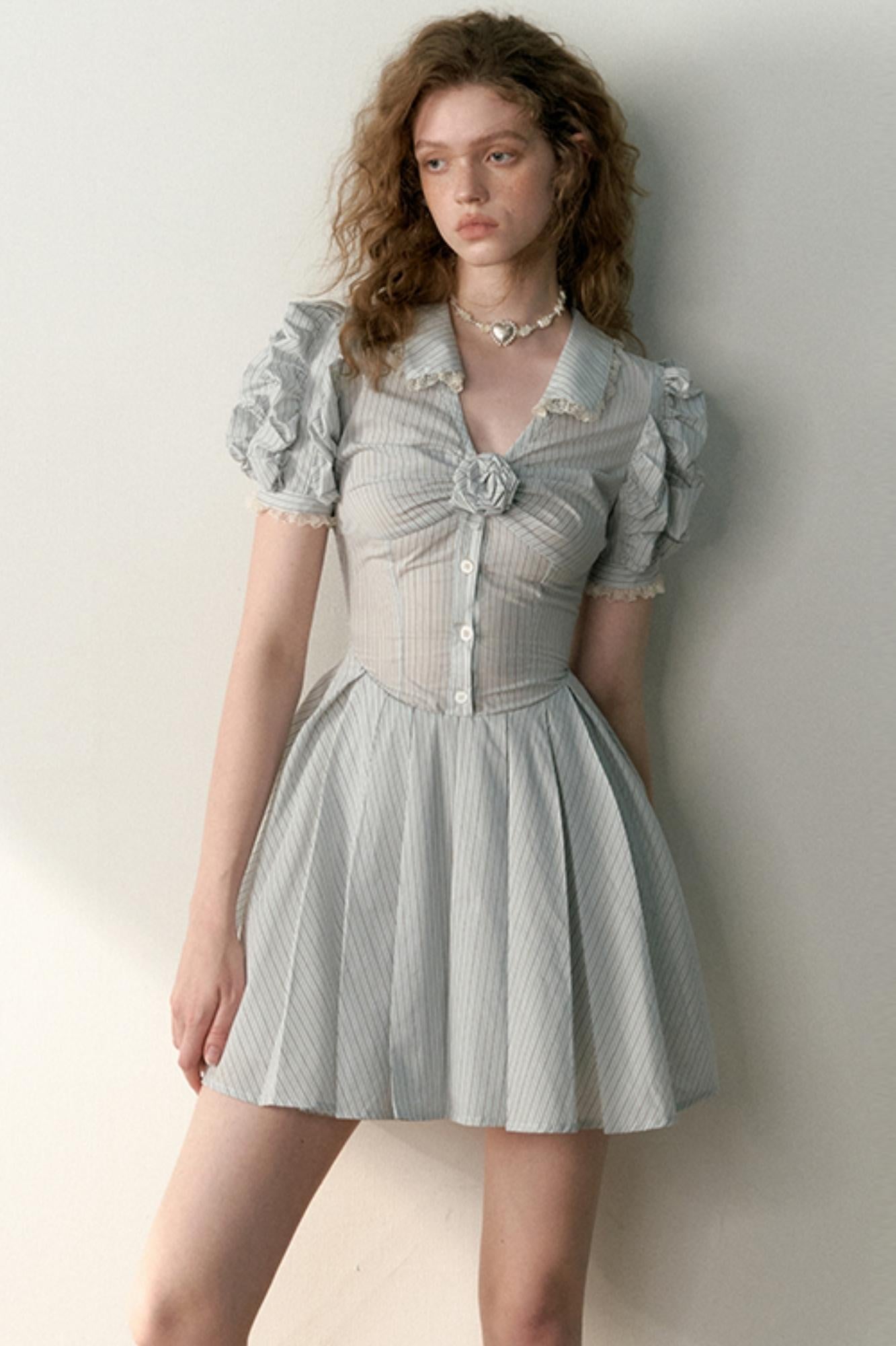 Blue Striped Bubble Sleeve Floral Pleated Dress