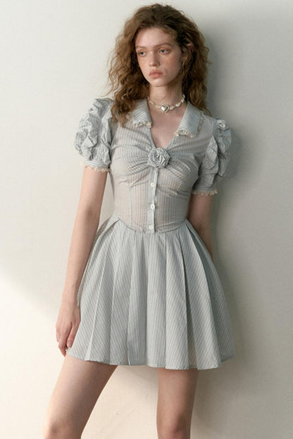 Blue Striped Bubble Sleeve Floral Pleated Dress