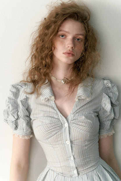 Blue Striped Bubble Sleeve Floral Pleated Dress