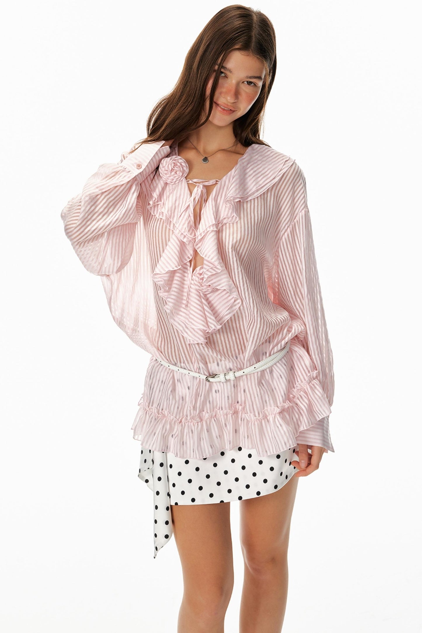 Ruffled V-Neck Striped Top