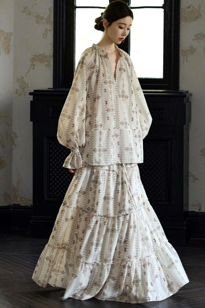 Romantic Ethnic Printed V-Neck Pullover Shirt