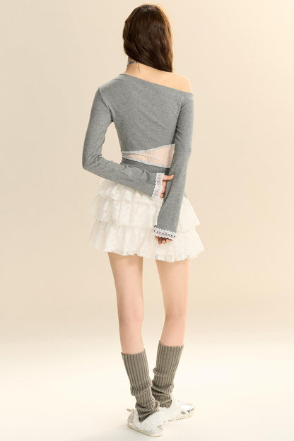 Lace-Trimmed Pleated Knit Top