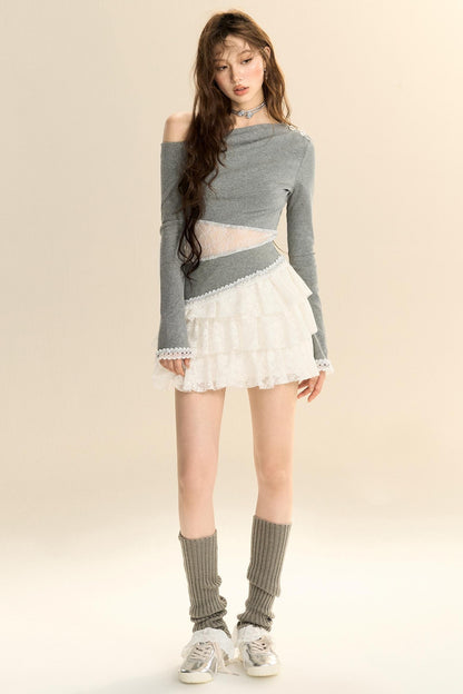 Lace-Trimmed Pleated Knit Top