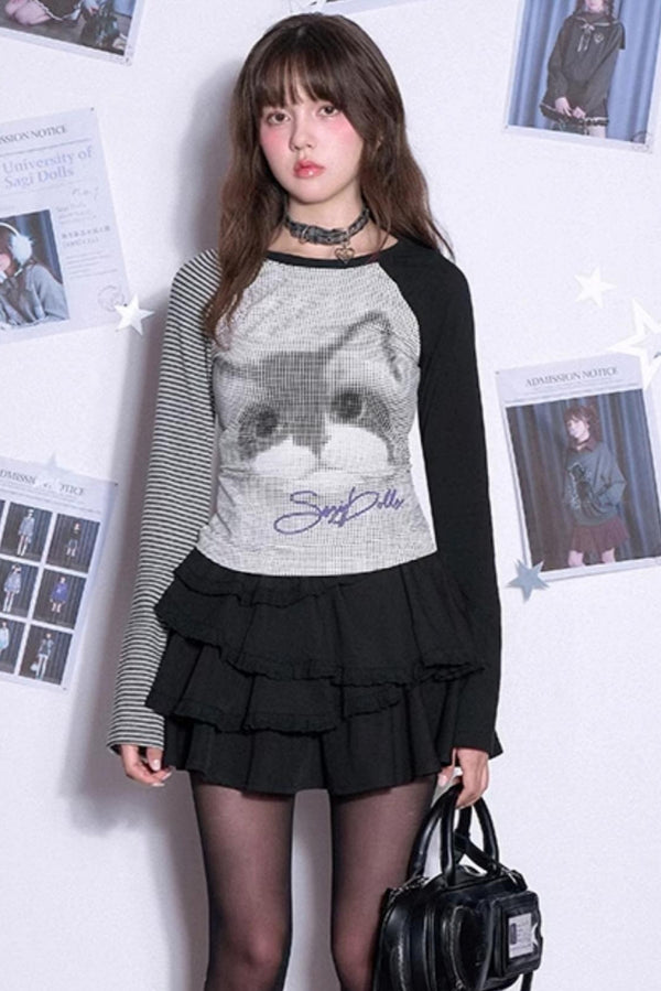 Colorblock Cat Print Top