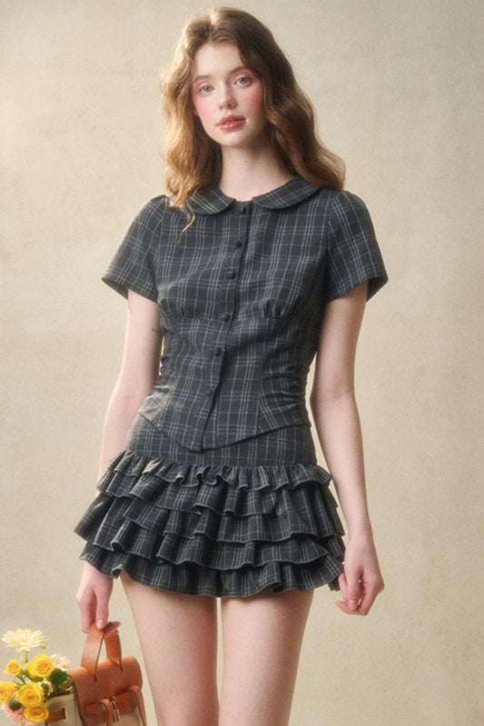 Plaid Lace Waist Poncho Skirt Set-Up