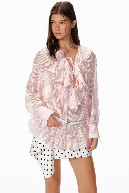 Ruffled V-Neck Striped Top