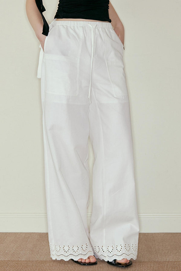White Lace-Trimmed Wide Leg Pants