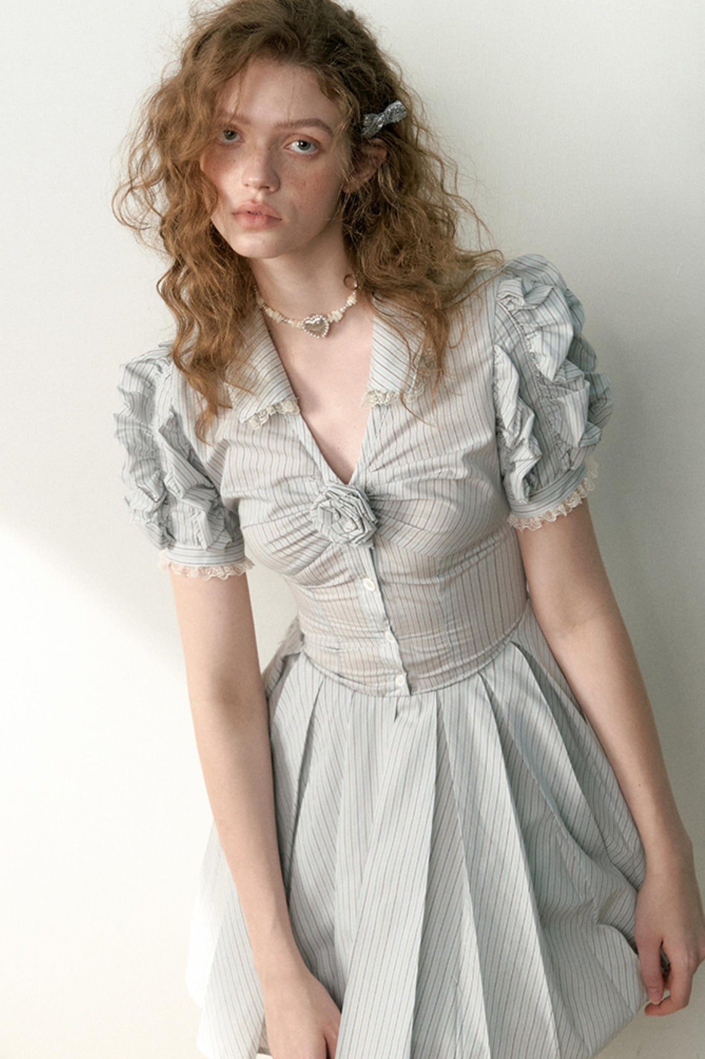 Blue Striped Bubble Sleeve Floral Pleated Dress