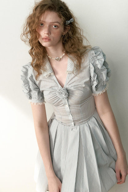 Blue Striped Bubble Sleeve Floral Pleated Dress