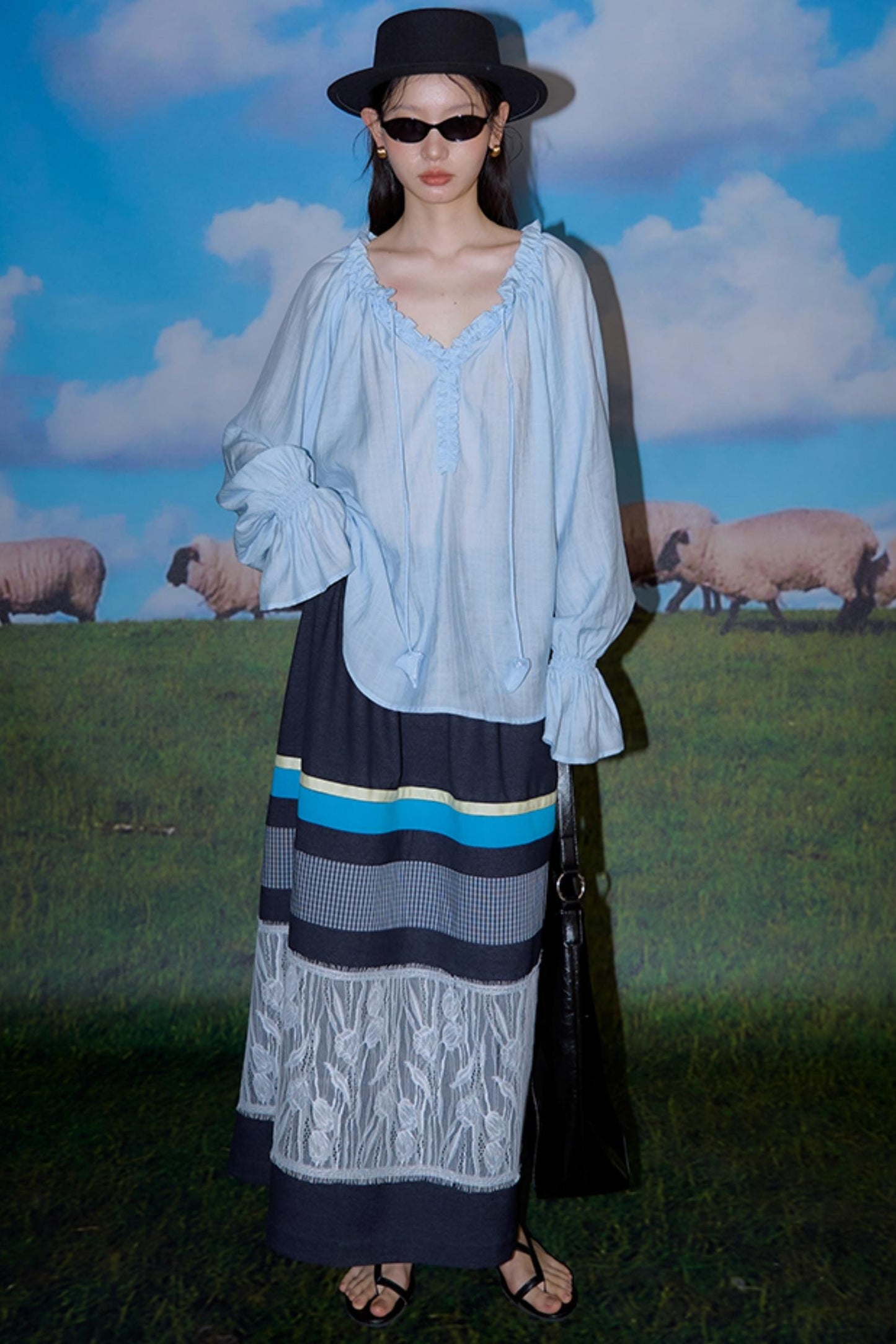 Blue Flower Fruit Ruffle V-Neck Shirt