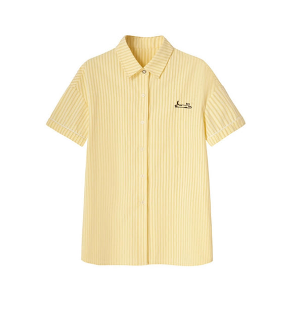 Yellow Striped Cat Embroidery Shorts Set-Up