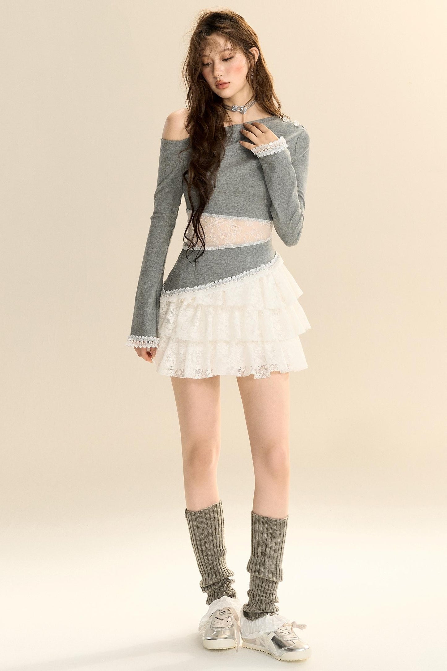 Lace-Trimmed Pleated Knit Top