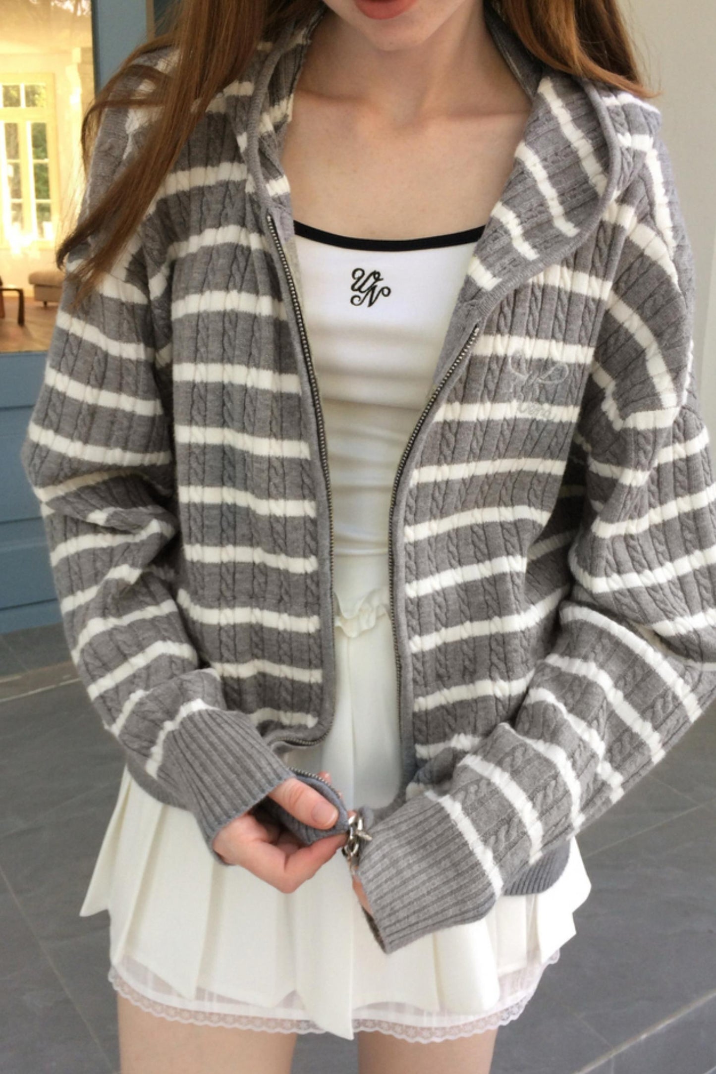Vintage Gray Striped Hoodie Cardigan